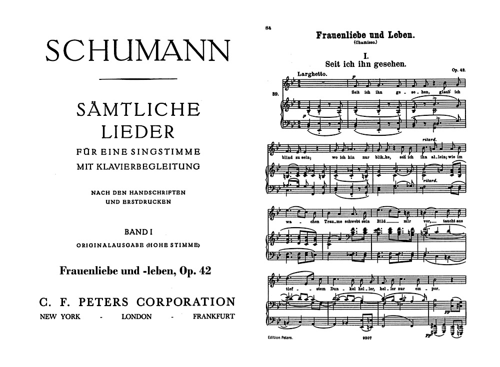frontespizio e prima pagina dello spartito "Seit ich ihn gesehen" dal ciclo Frauenliebe und -leben op.42 di Robert Schumann (1810-1856)