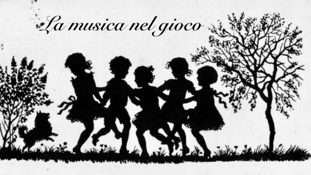 locandina della conferenza "La musica nel gioco" con sfondo silhouette di bambini che giocano