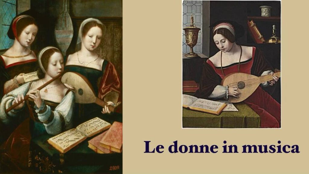 locandina della conferenza "Le donne in musica" con miniature di dipinti rinascimentali con musiciste