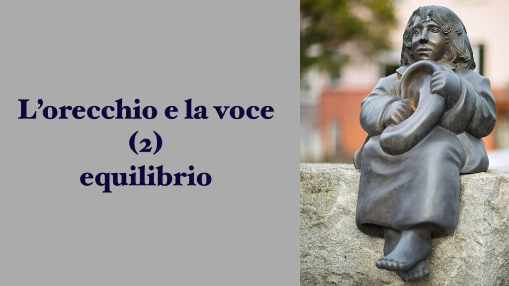 locandina della conferenza "L'orecchio e la voce (2) equilibrio" con miniatura della scultura di "Momo" di Ulrike Enders a Hannover