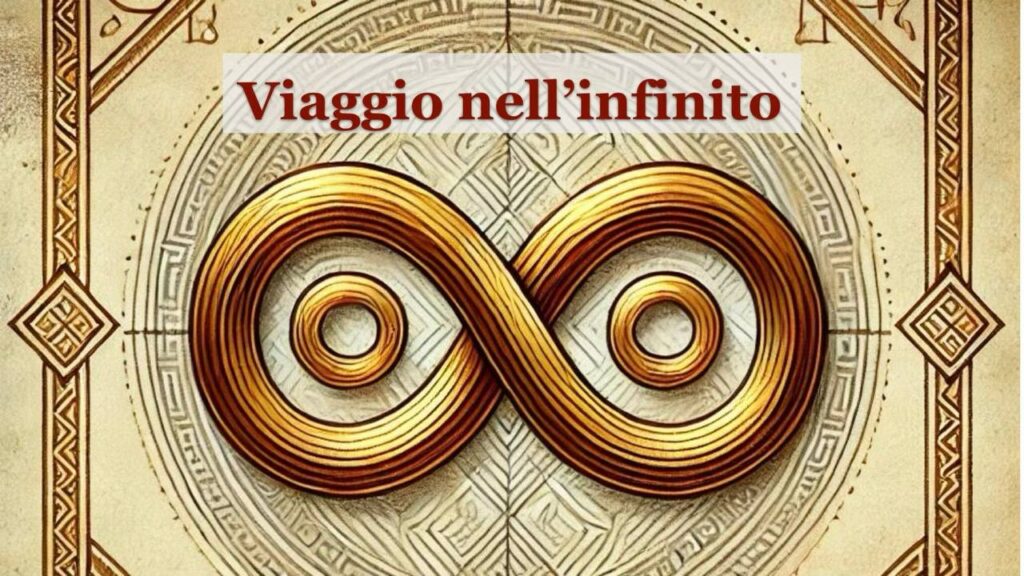 locandina della conferenza "Viaggio nell'infinito" con sfondo decorazione con il simbolo dell'infinito